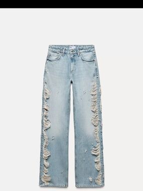 Zara Light Blue Distressed Wide-Leg Jeans